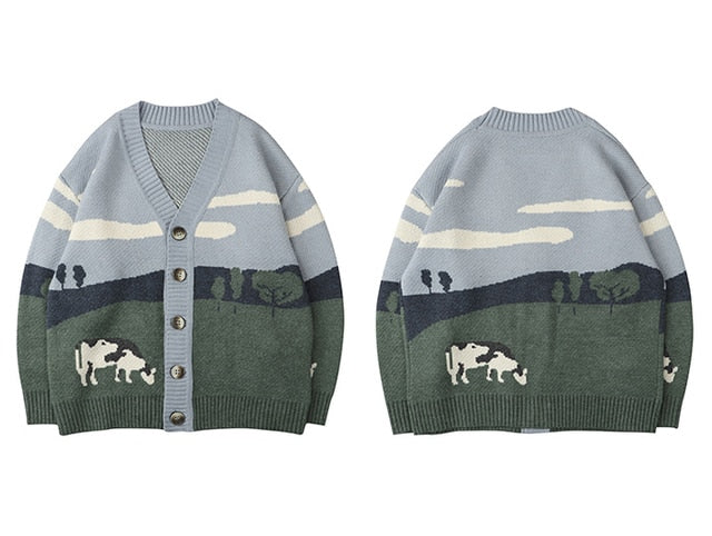 Cow Vintage Winter Knit Streetwear Oversize