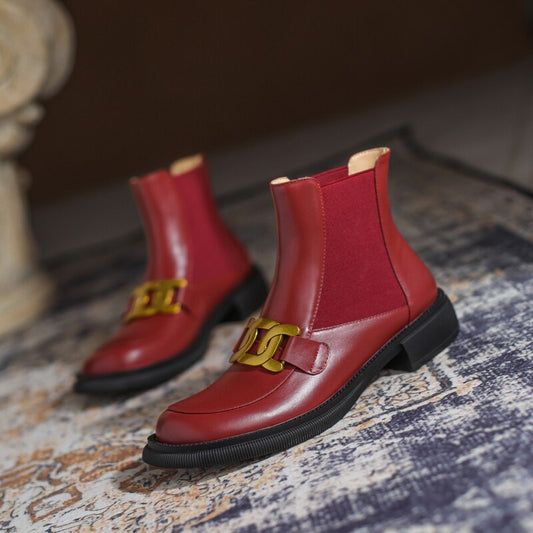 レディース アンクルブーツ 本革 チャンキーヒール パンプス