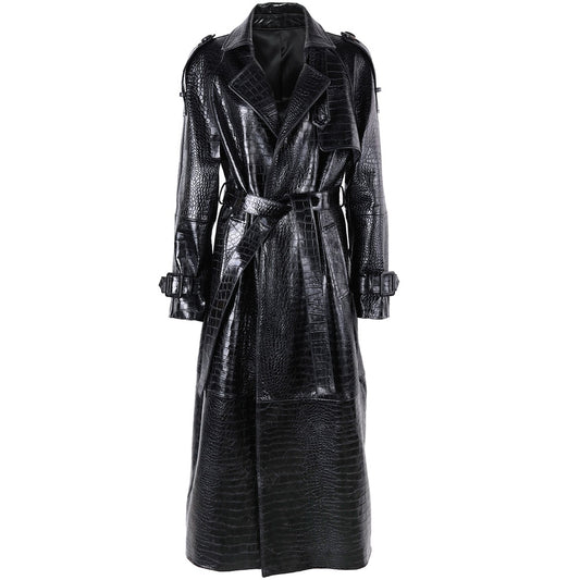 Women Crocodile Pattern Long Leather Coat