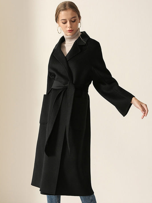 Women Belts Two Pockets Long Coat