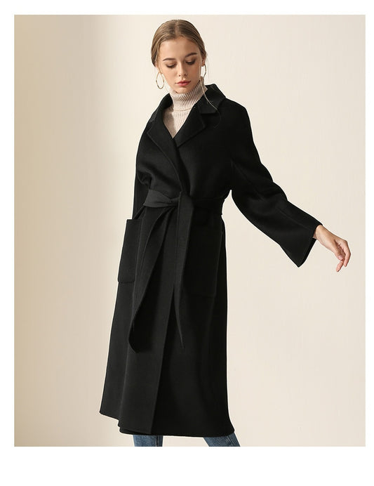 Women Belts Two Pockets Long Coat