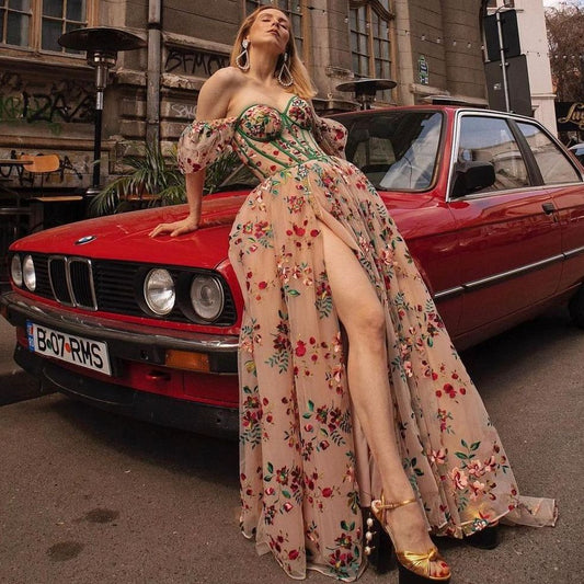 プリンセスふわふわチュール花柄ドレス トレーン付き