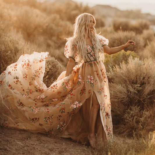 プリンセスふわふわチュール花柄ドレス トレーン付き