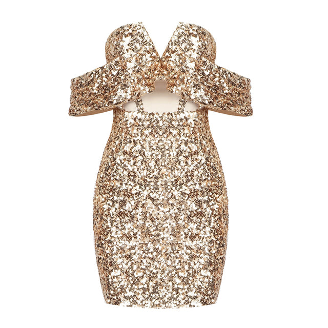 Glod Sparkly Off The Shoulder Bodycon Dress Night Club