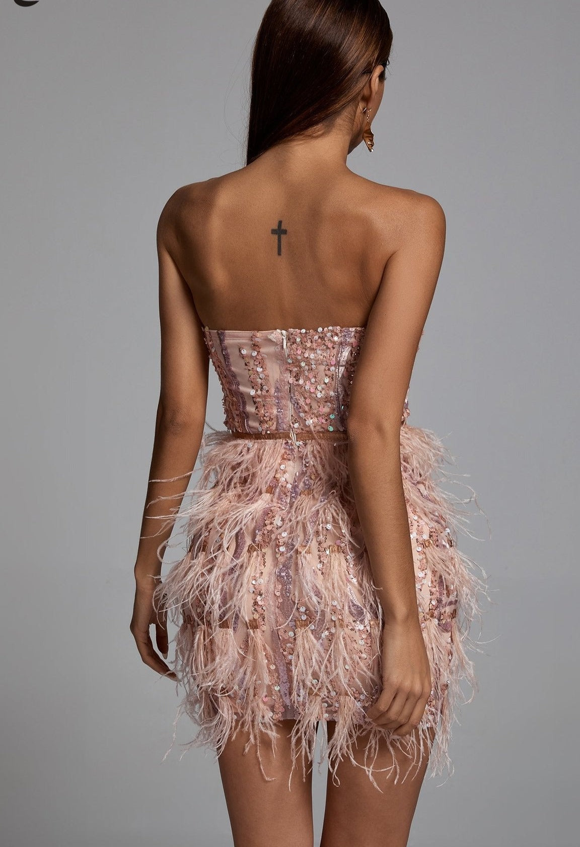 Pink Feather Bodycon Cute Strapless Dress Evening Party