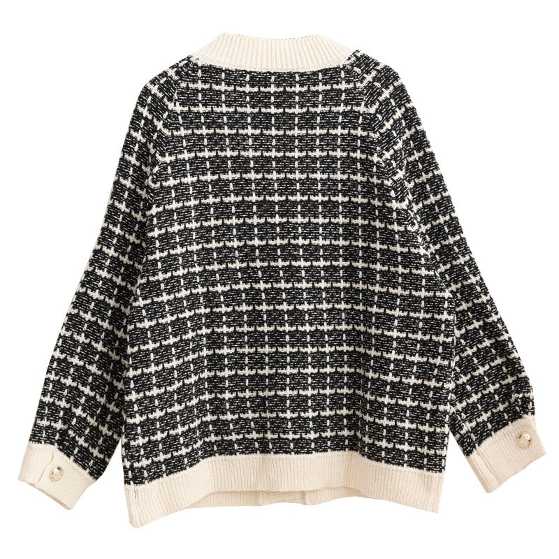 Sweater Coat Retro Shirt Plaid Loose Knit Ladies