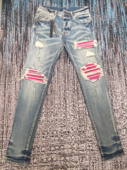 men skinny pink leather ribbed patch distressed indigo jeans