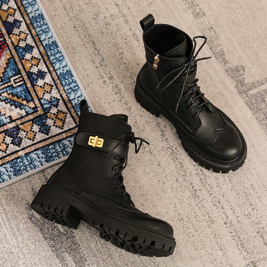 チャンキーヒール エレガントな冬用アンクルブーツ 牛革 レディース