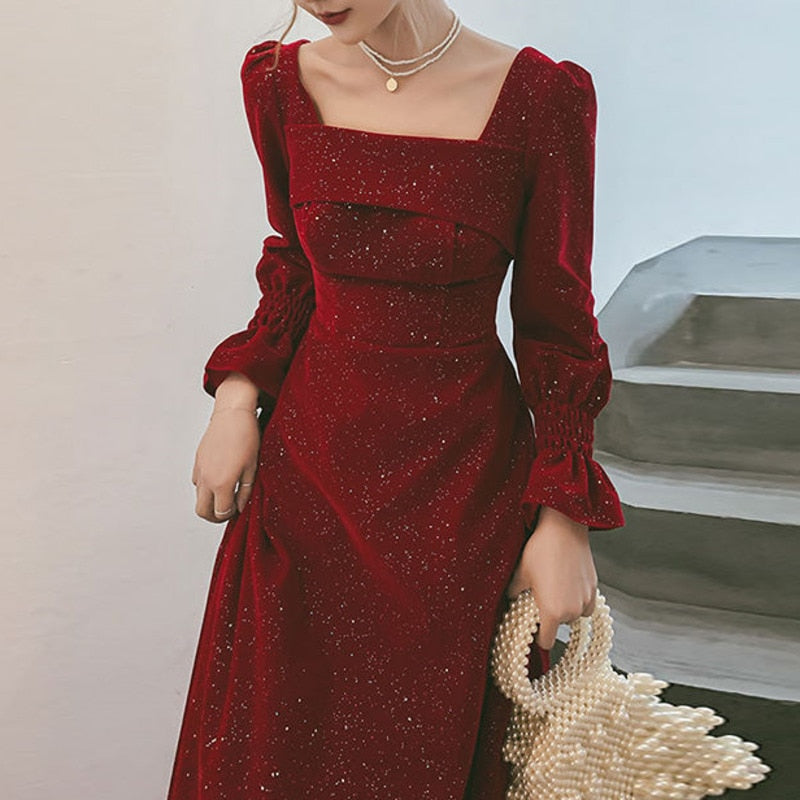 Wine Red Long Sleeve Slim Women Sexy Party Dress