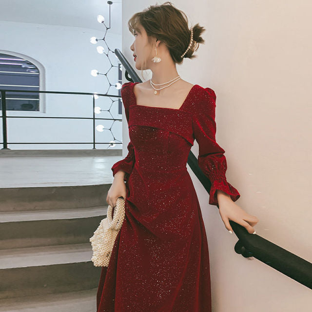 Wine Red Long Sleeve Slim Women Sexy Party Dress