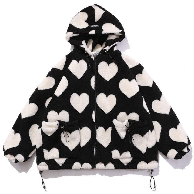 Cute Heart-shaped Print Lambswool Winter Jacket Couple Streetwear