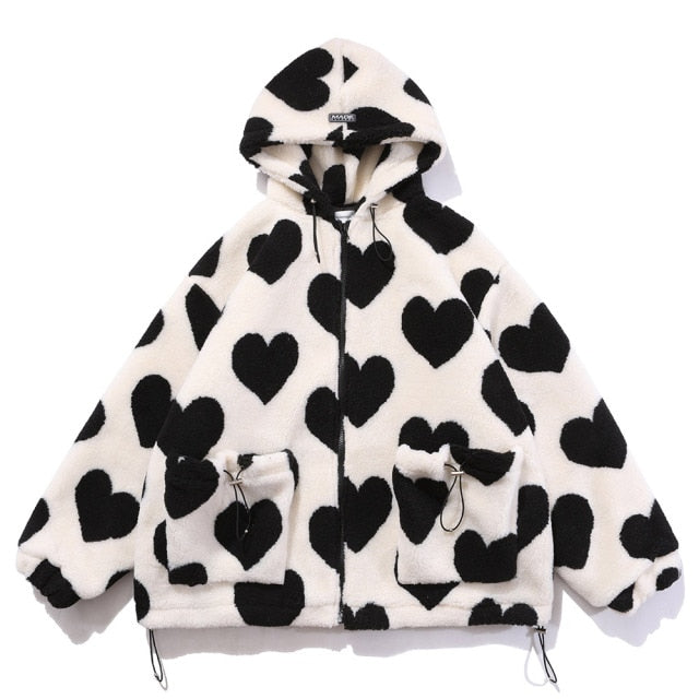 Cute Heart-shaped Print Lambswool Winter Jacket Couple Streetwear