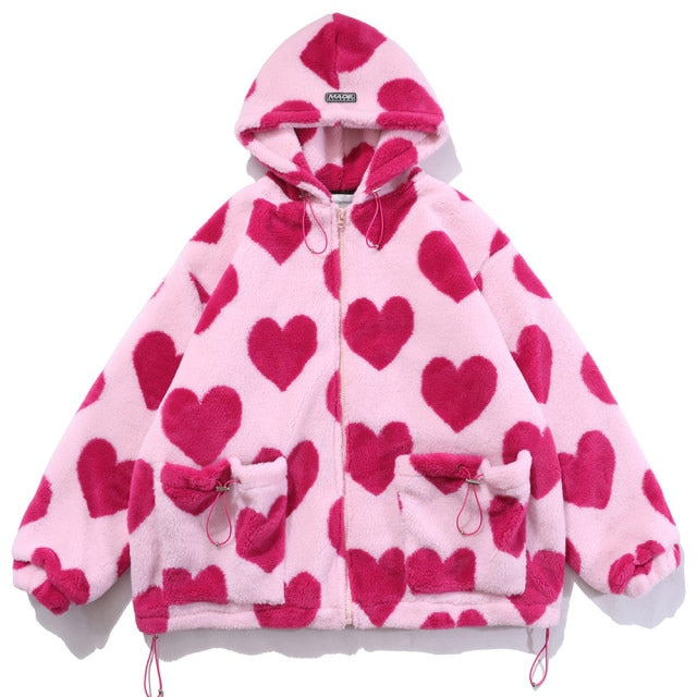 Cute Heart-shaped Print Lambswool Winter Jacket Couple Streetwear