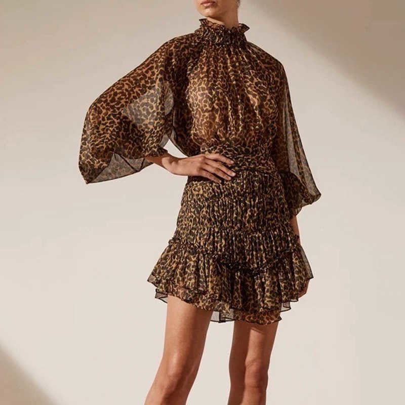 Elegant Dress For Women Stand Collar Lantern Leopard Ruched Mini Dresses