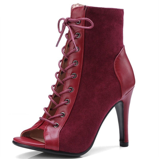 女性用ピープトゥ レースアップブーツ 薄型ハイヒール パーティーシューズ