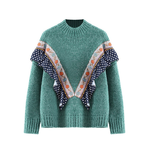 Women Sweater Knitting Ruffles Half-height Collar