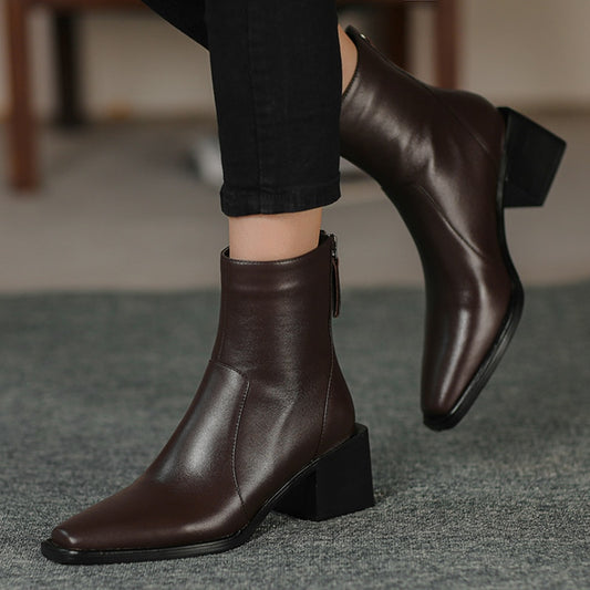 レディース ラウンドトゥ スクエアハイヒール モーターサイクルブーツ