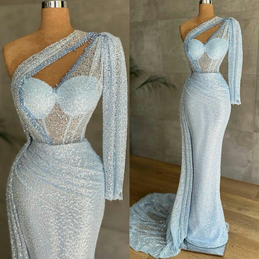 Light Blue One Shoulder Evening Dresses Mermaid Dress