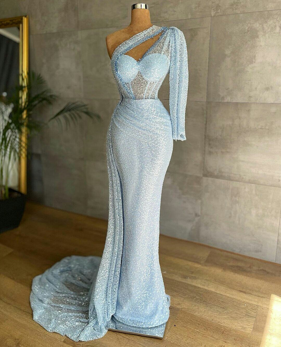 Light Blue One Shoulder Evening Dresses Mermaid Dress