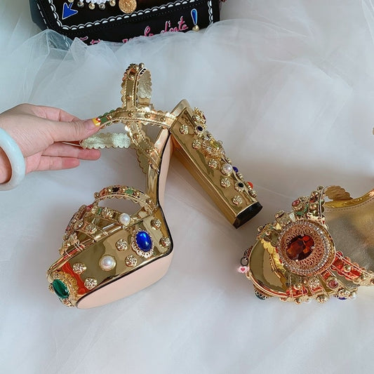 Luxury Gold Metallic Leather Chunky Heel Sandals