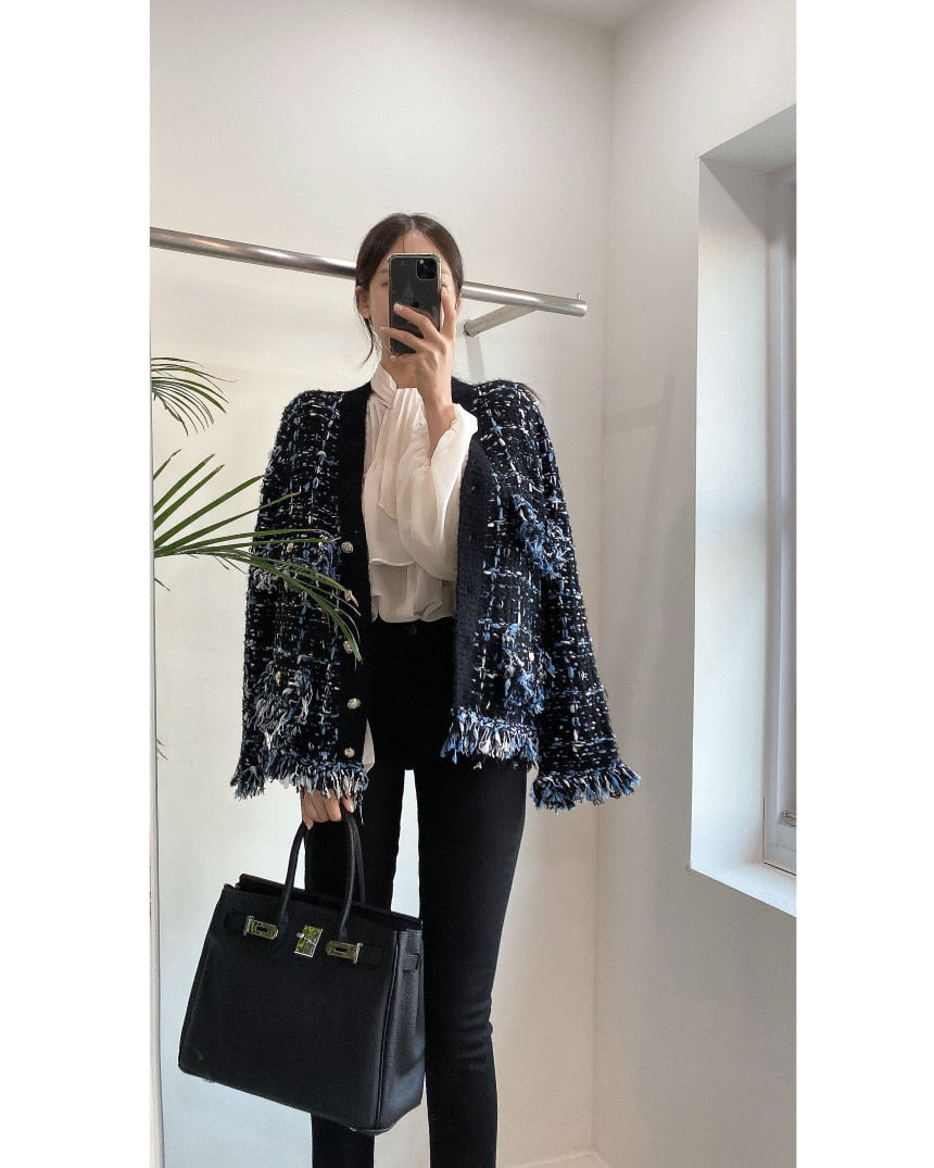 Korea Chic Tassel Wool Mixed Color Knitted  Sweater Coat