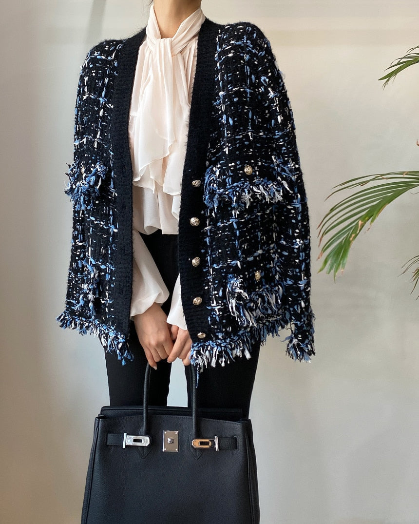 Korea Chic Tassel Wool Mixed Color Knitted  Sweater Coat