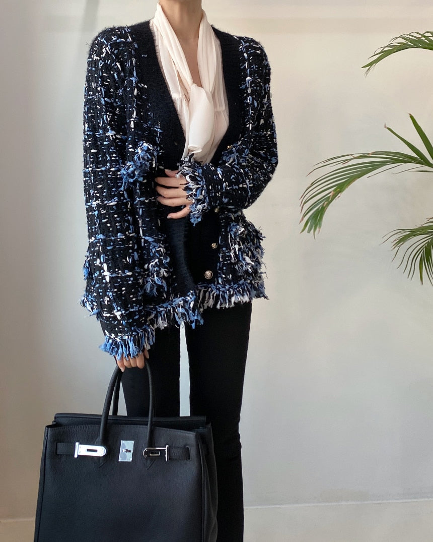 Korea Chic Tassel Wool Mixed Color Knitted  Sweater Coat