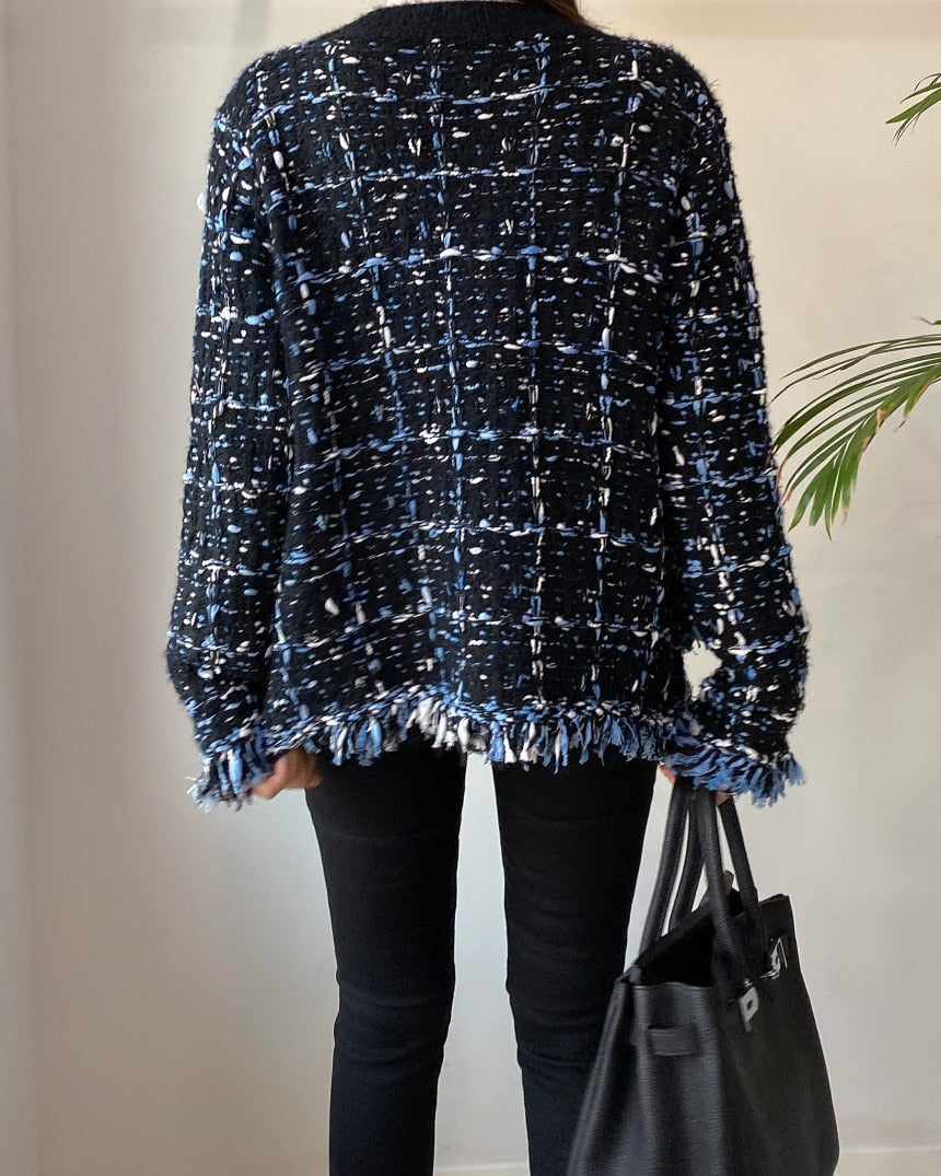 Korea Chic Tassel Wool Mixed Color Knitted  Sweater Coat