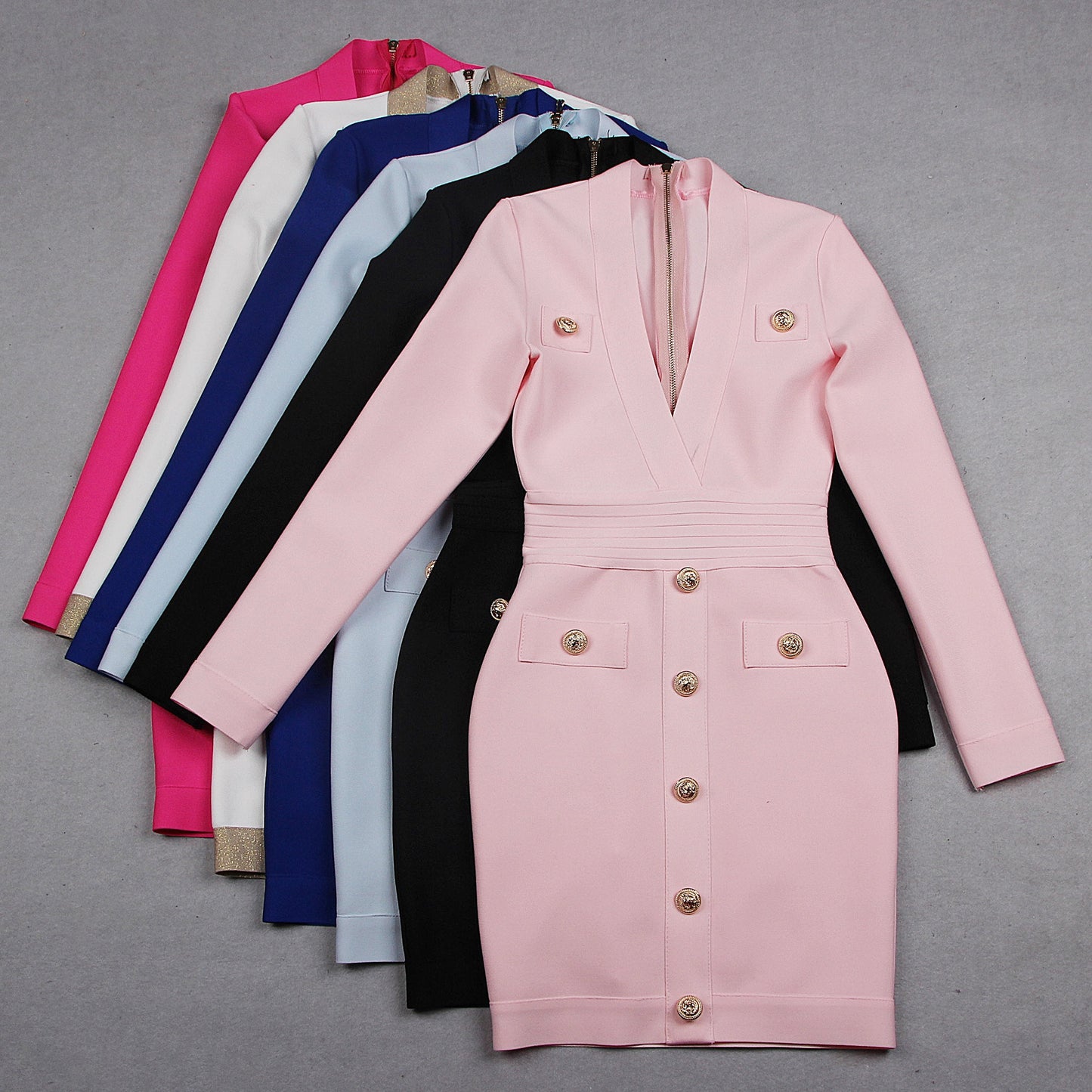 Sexy Deep V-neck Gold Buttons Bandage Elegant Party Dress