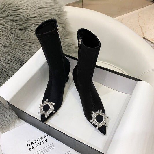 women un buckle rhinestone high heel boots