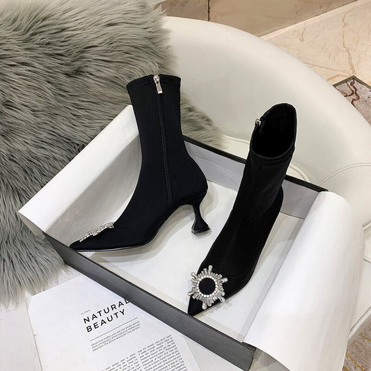 women un buckle rhinestone high heel boots
