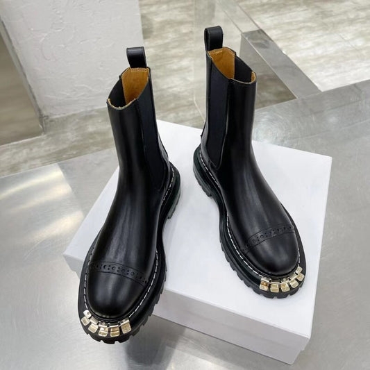 Black Elasticated chunky platform biker ankle boots