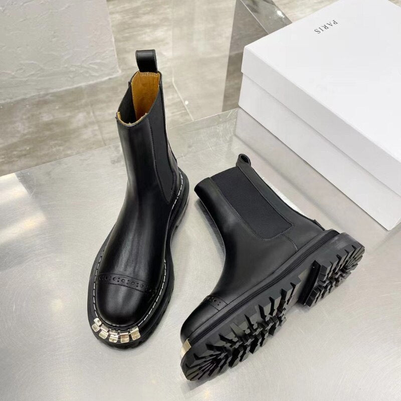 ブラック 伸縮性のあるチャンキープラットフォームバイカーアンクルブーツ