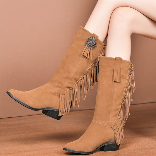 Women Chunky Heels Mid Calf Motorcycle Boots