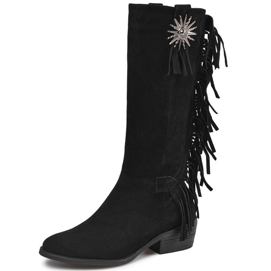 Women Chunky Heels Mid Calf Motorcycle Boots