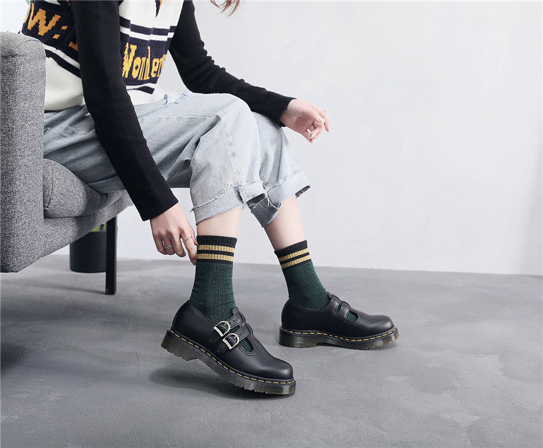 Cow Leather Mary Jane Shoes Women Copper Double Buckle