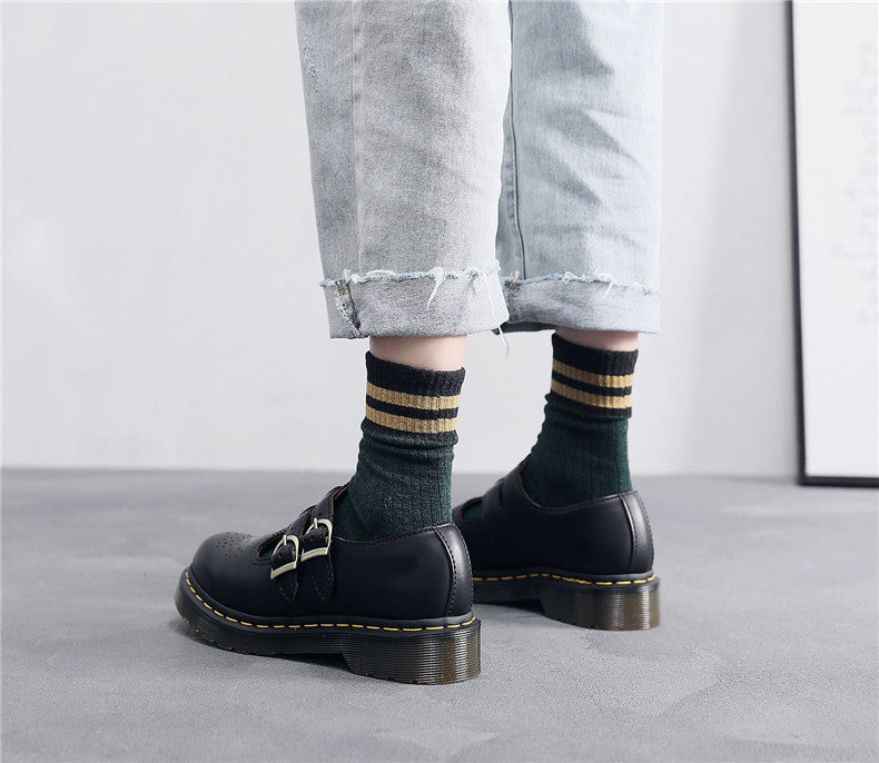 Cow Leather Mary Jane Shoes Women Copper Double Buckle