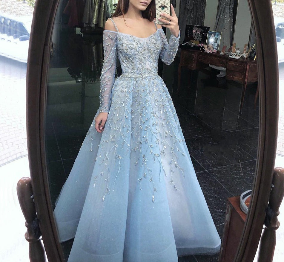 Blue Luxury A-Line Evening Dress Long Sleeve