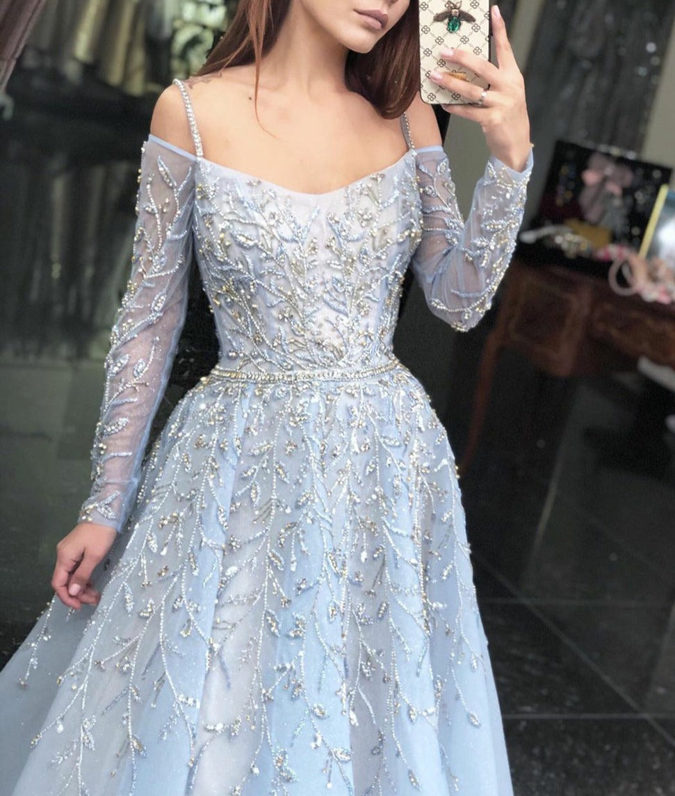 Blue Luxury A-Line Evening Dress Long Sleeve