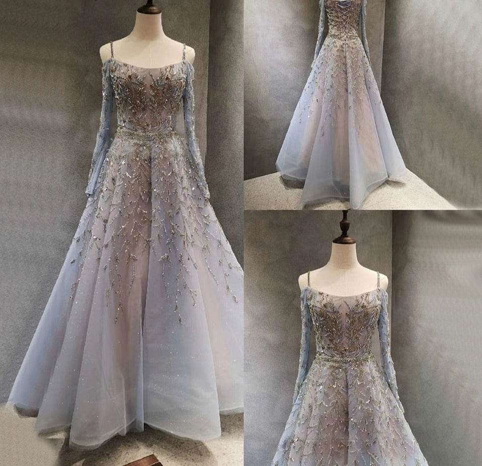 Blue Luxury A-Line Evening Dress Long Sleeve