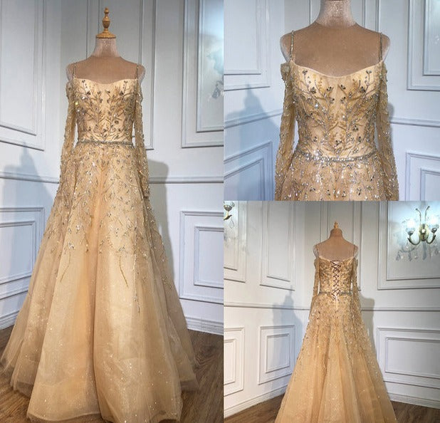 Blue Luxury A-Line Evening Dress Long Sleeve