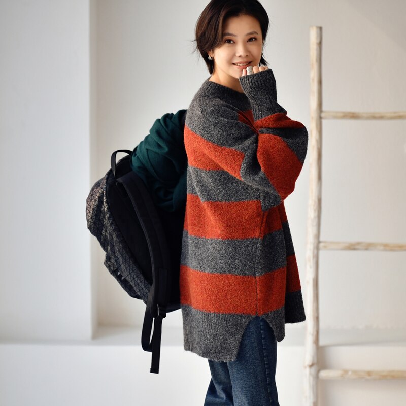 Oversize loose Languid lazy style  round neck striped sweater