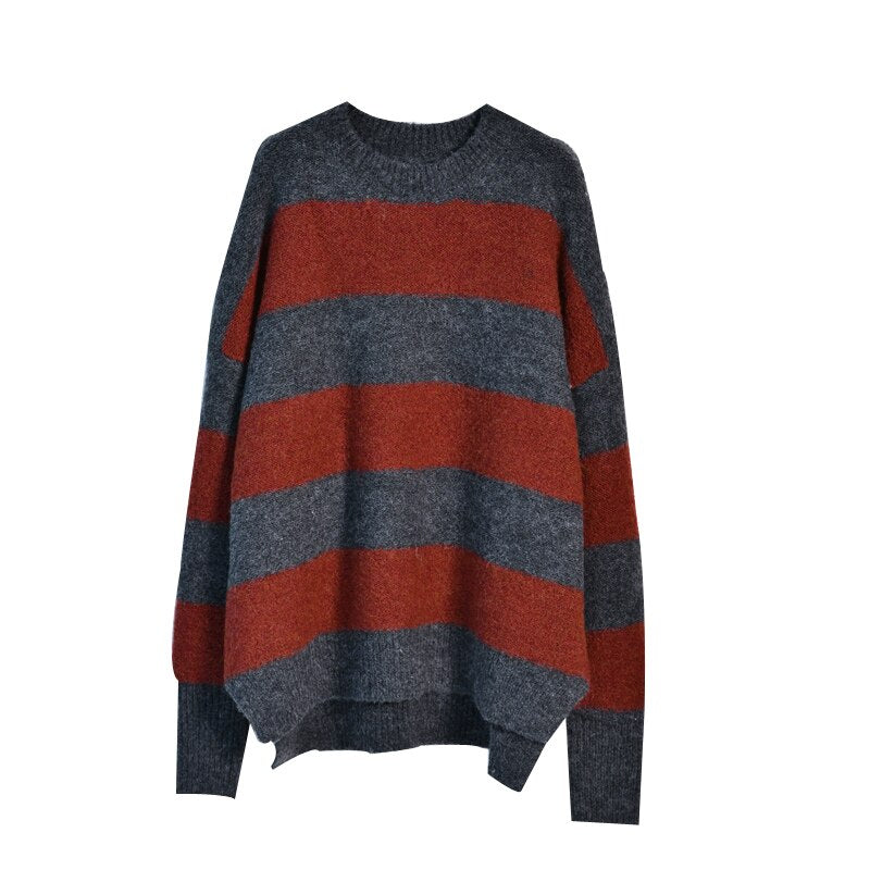 Oversize loose Languid lazy style  round neck striped sweater