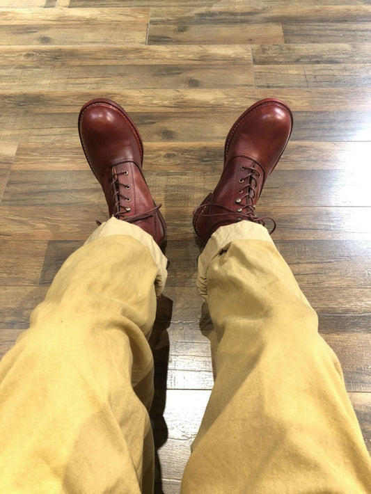 メンズ レッドワイン レースアップ ラウンドトゥ ヴィンテージ ハイトップシューズ