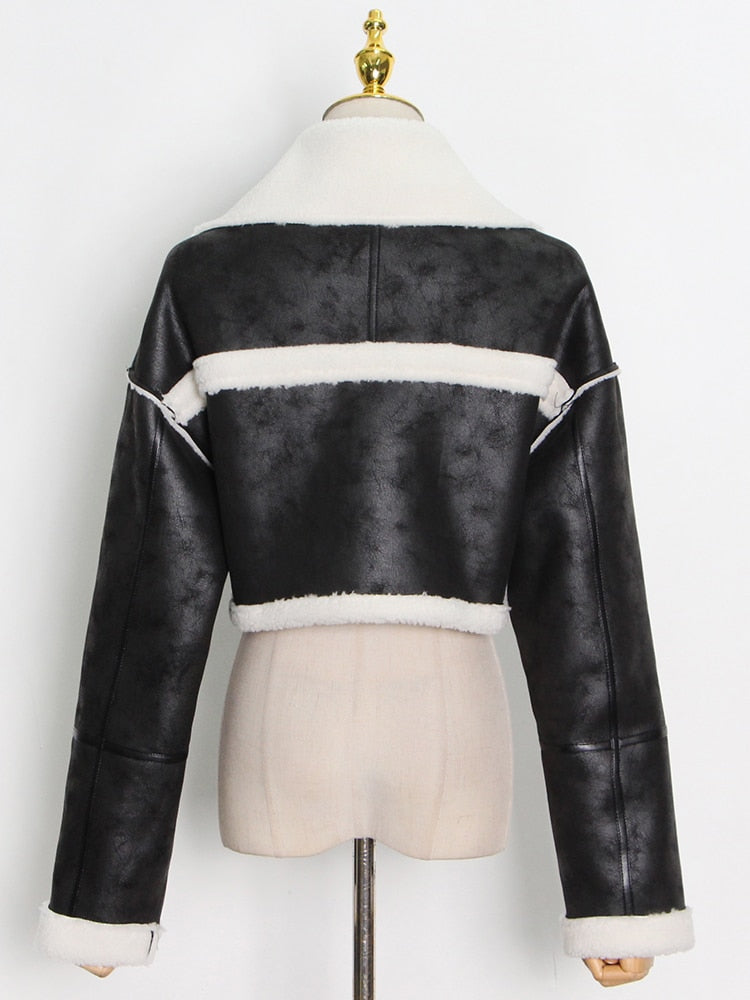 Patchwork PU Leather Colorblock Jacket For Women