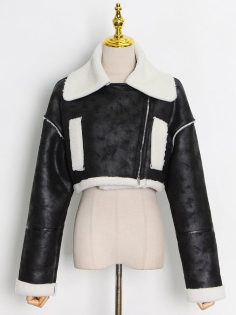 Patchwork PU Leather Colorblock Jacket For Women