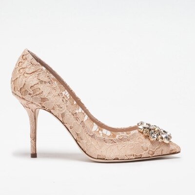 エレガントなレースハイヒール ローズレッドホワイトブライダルシューズ