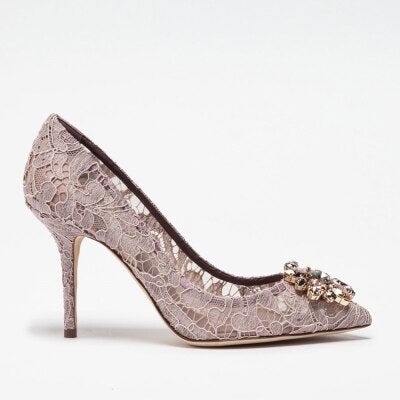 エレガントなレースハイヒール ローズレッドホワイトブライダルシューズ