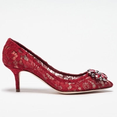 Elegant Lace High Heels Rose Red White Bridal Shoes