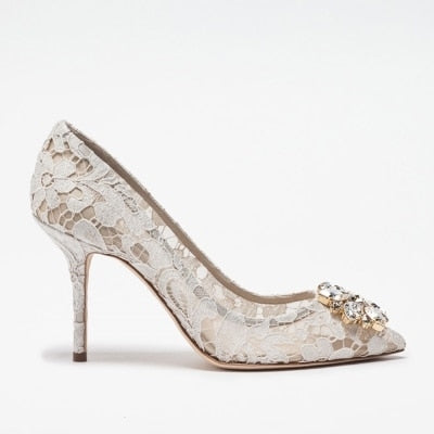 エレガントなレースハイヒール ローズレッドホワイトブライダルシューズ